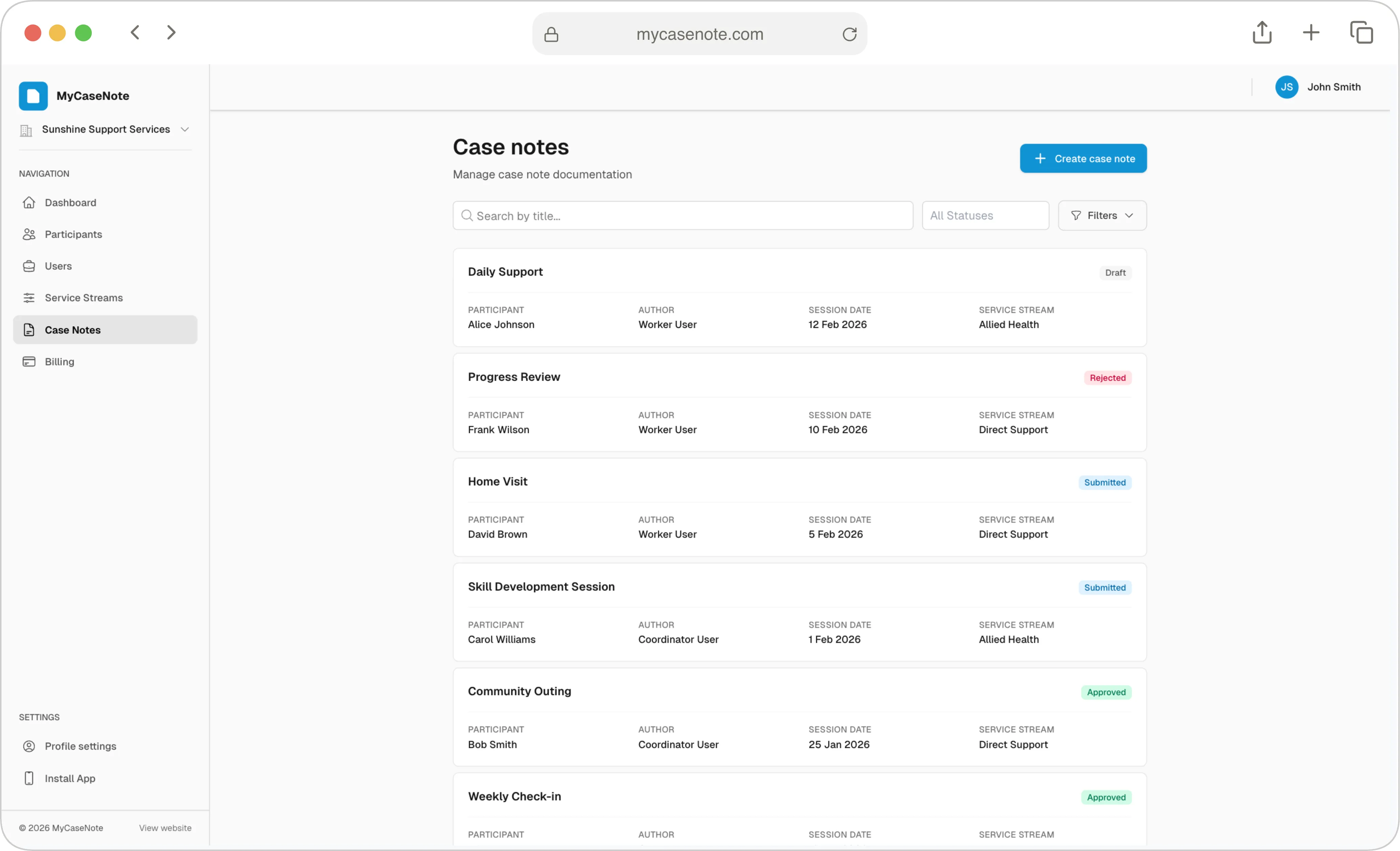 MyCaseNote Case Notes List