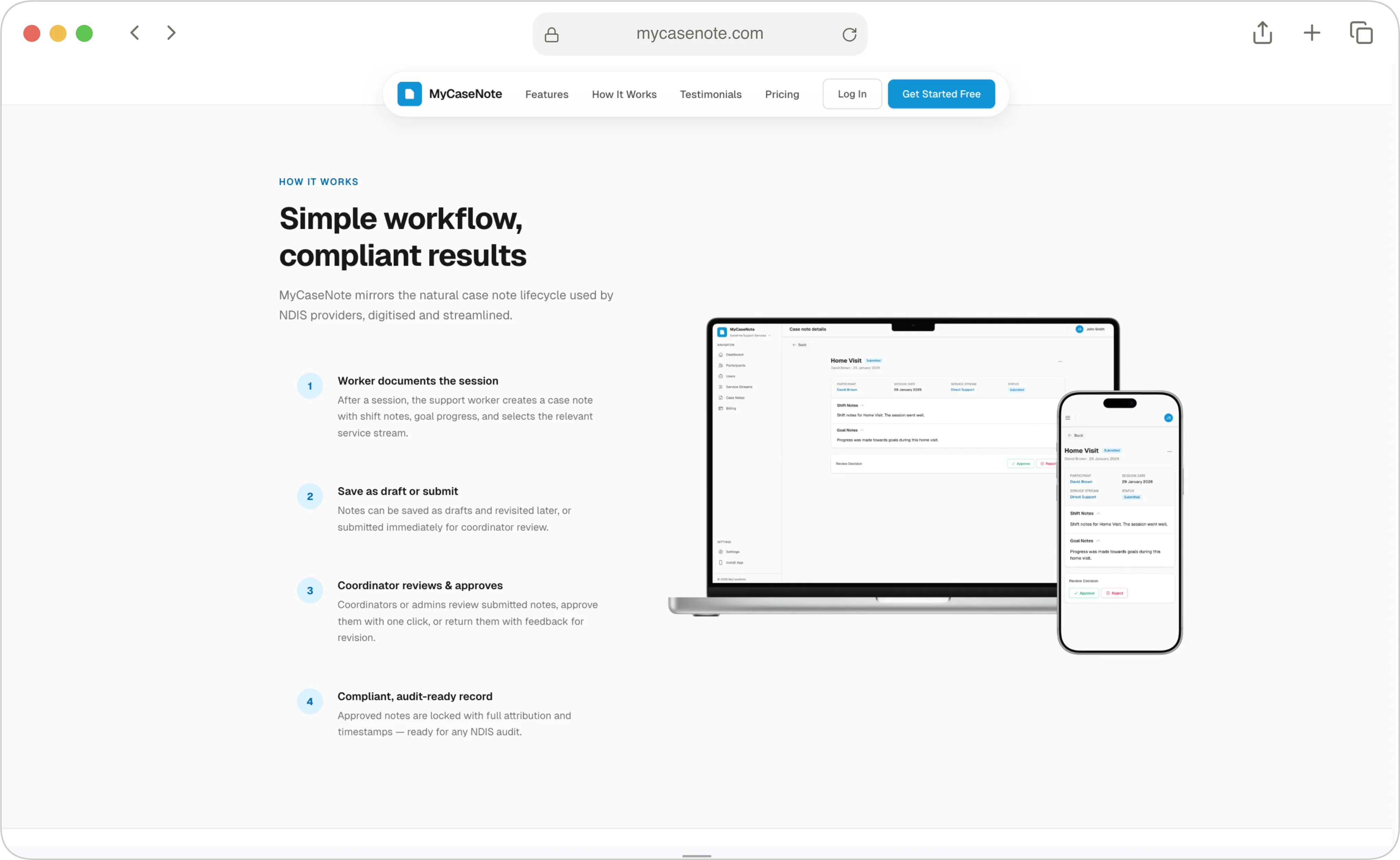MyCaseNote Landing Page How It Works Section